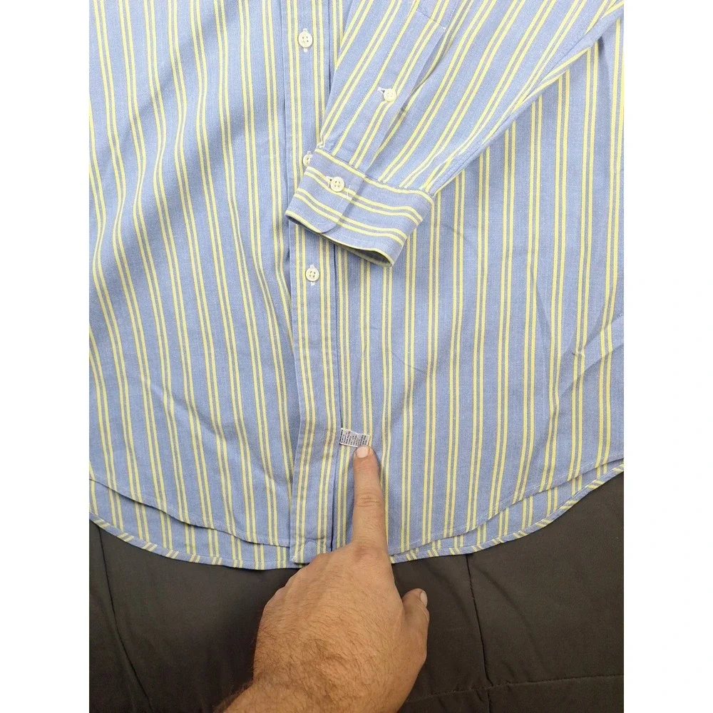 Vintage 90s Polo Ralph Lauren Mens Blue Yellow Stripes Button Flesh Pony 16.5-33